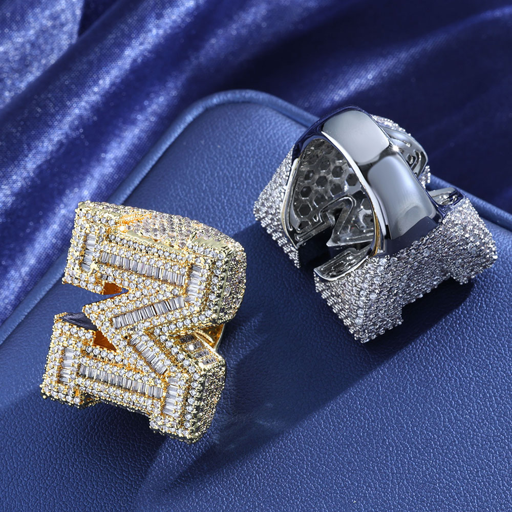 iced out baguette moissanite initial letter ring