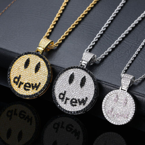 iced out cubic zirconia drew smiley face pendant