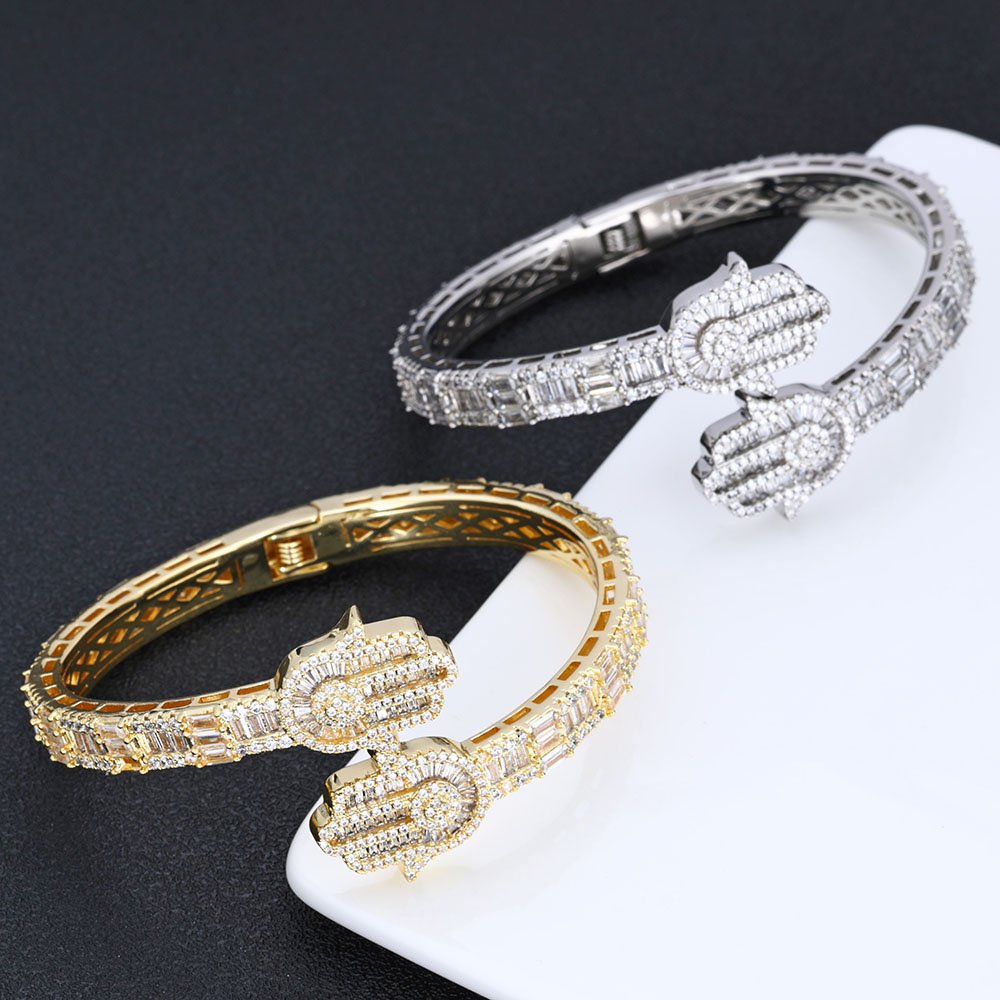 iced out cubic zirconia hamsa hand bypass bangle