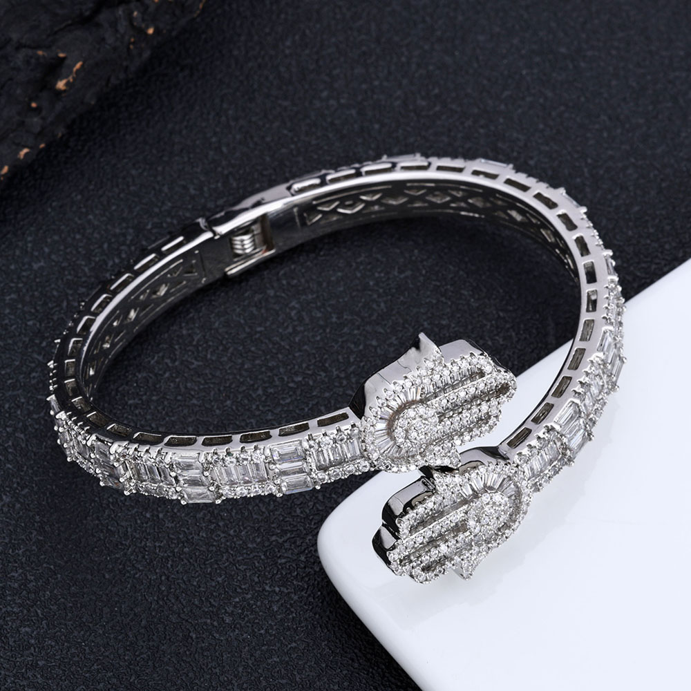 iced out cubic zirconia hamsa hand bypass bangle