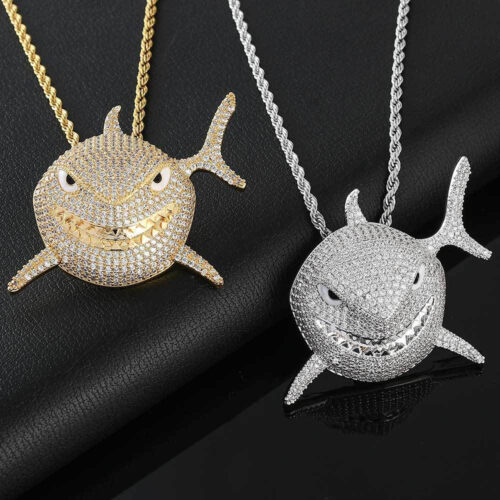 iced out cubic zirconia shark pendant necklace