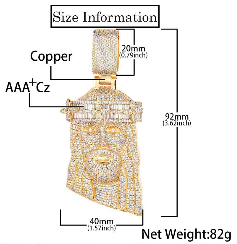 iced out cz baguette crown jesus pendant