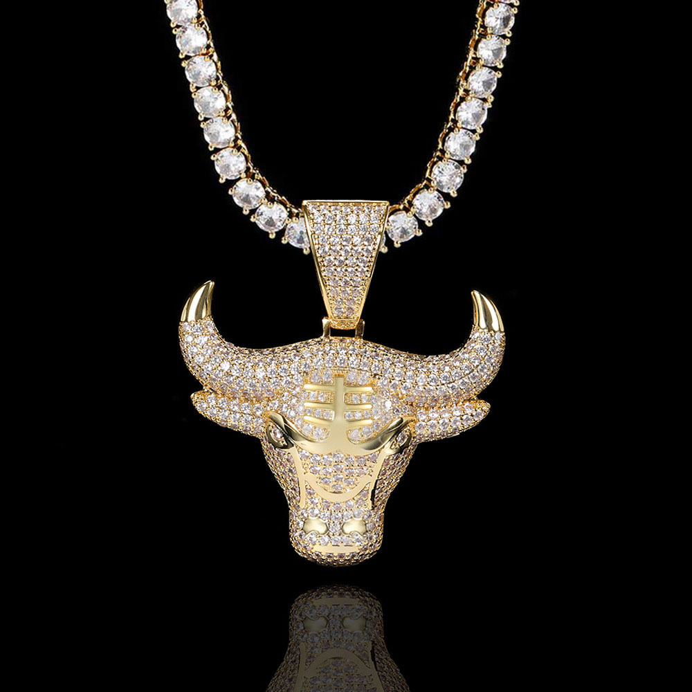 Iced Out CZ Hip Hop Bull Head Pendant Gold Plating