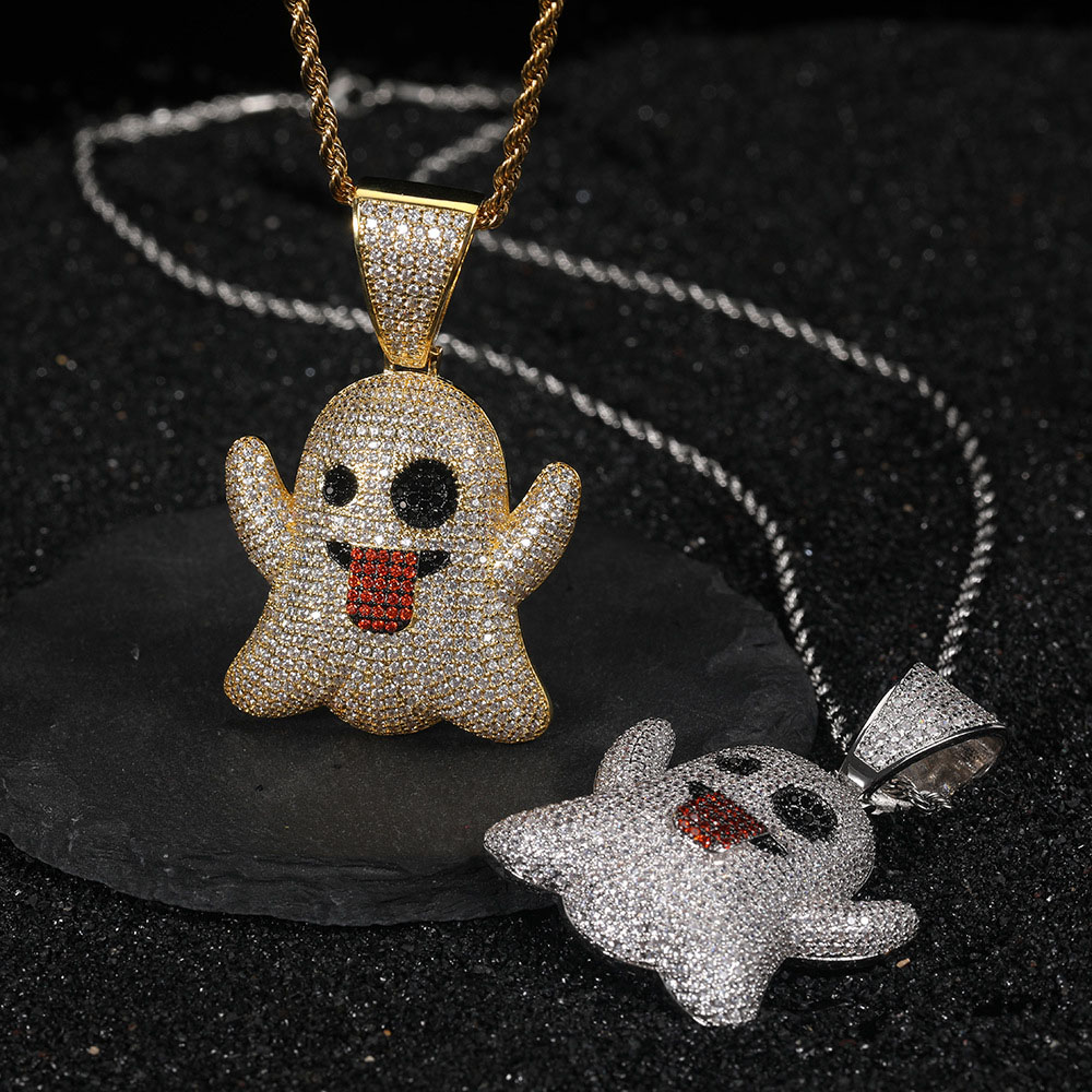 iced out cz red tongue ghost pendant necklace