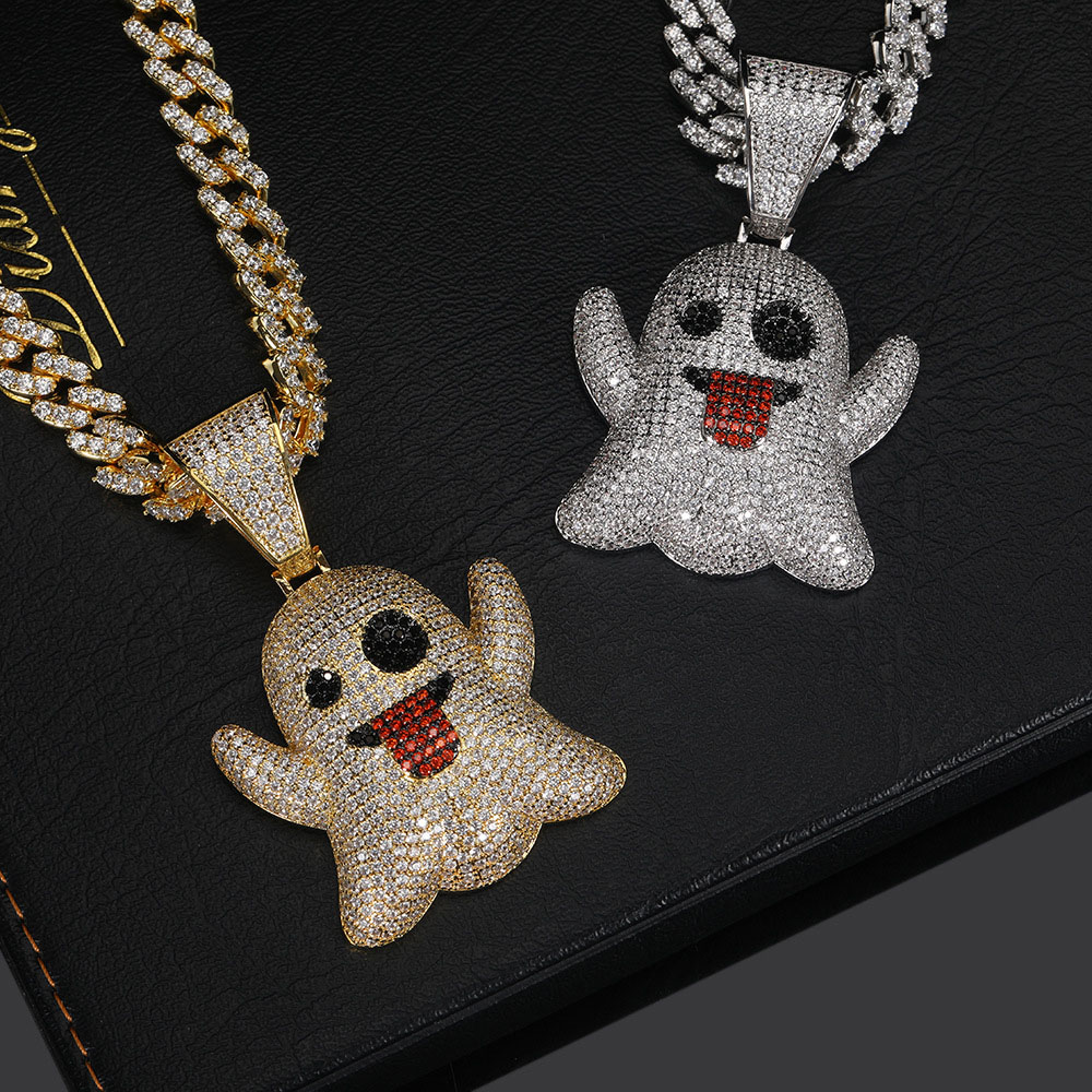 iced out cz red tongue ghost pendant necklace