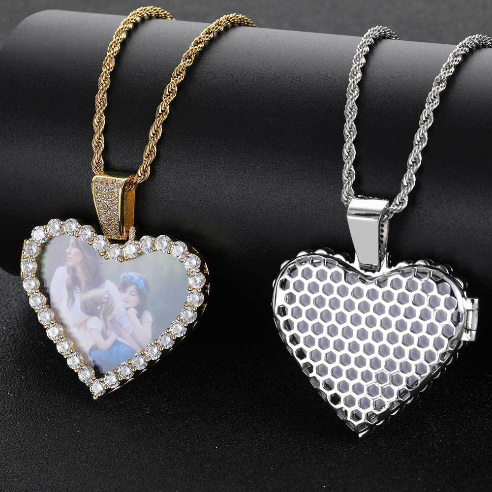 iced out heart photo pendant with locket