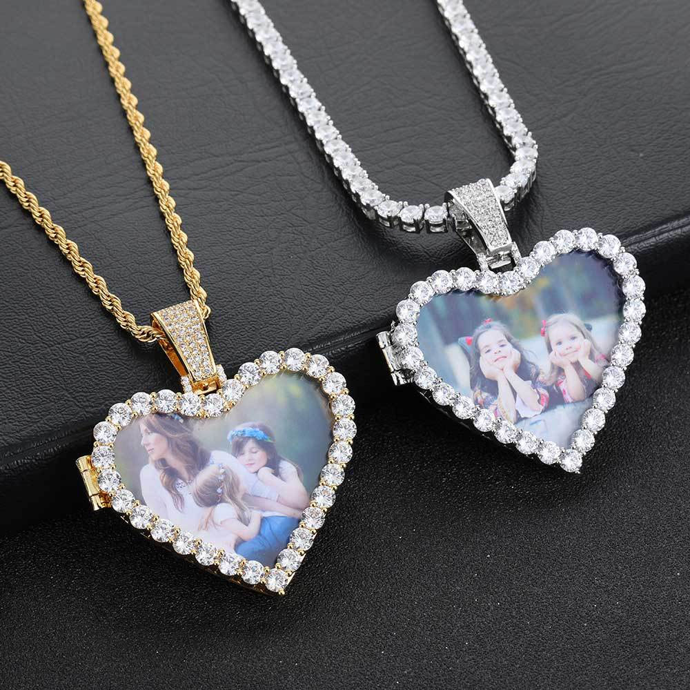 iced out heart photo pendant with locket