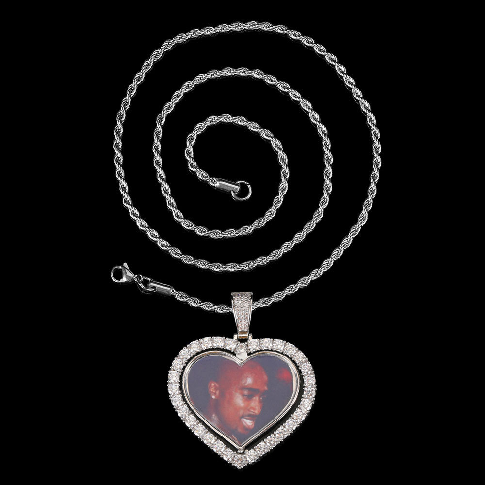 Iced Out Spinning Heart Picture Pendant Silver Plating