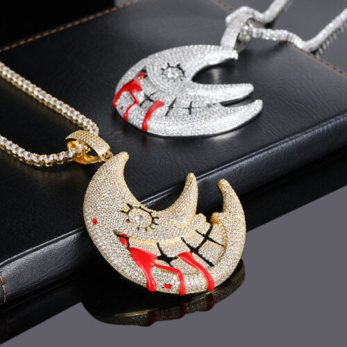 iced out zircon bloody crescent moon pendant