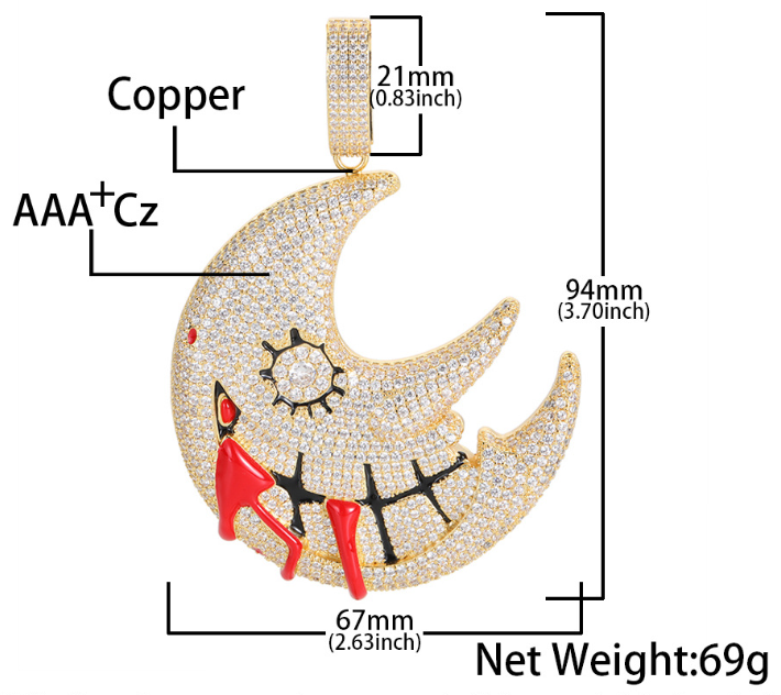 iced out zircon bloody crescent moon pendant
