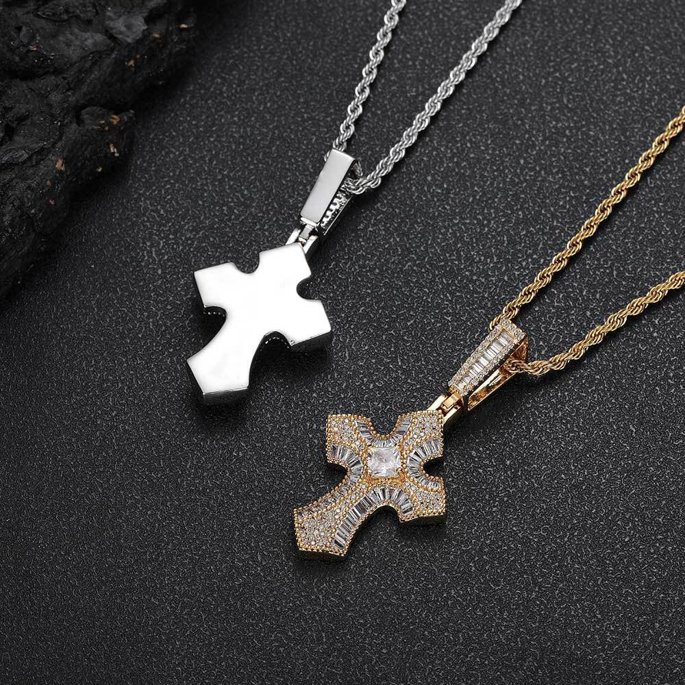 Intricate Micro-Pave Baguette Cross Pendant Distributor