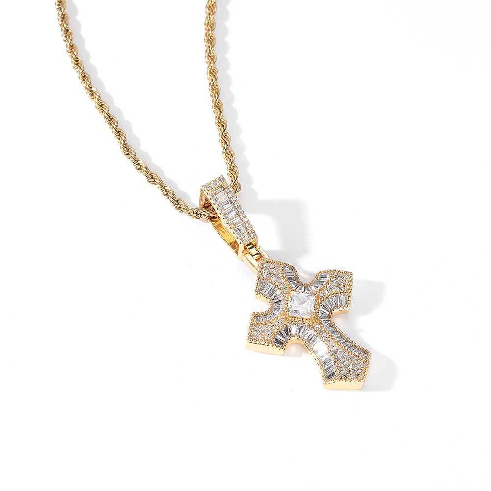 Intricate Micro-Pave Baguette Cross Pendant Gold Plating