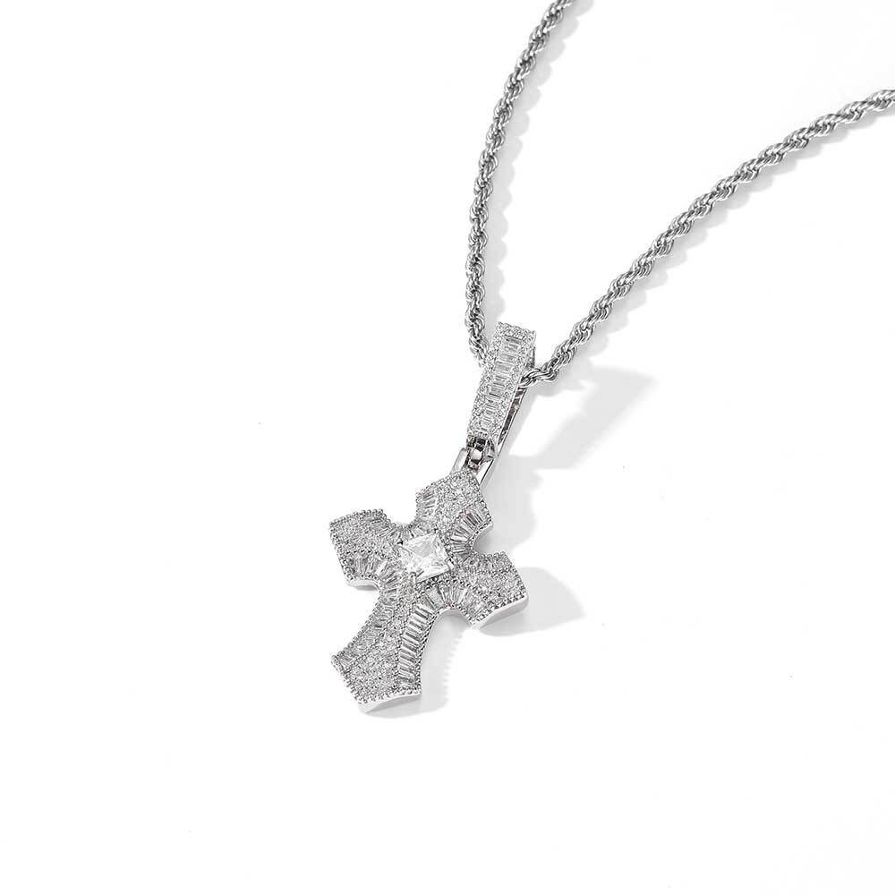 Intricate Micro-Pave Baguette Cross Pendant Silver Plating