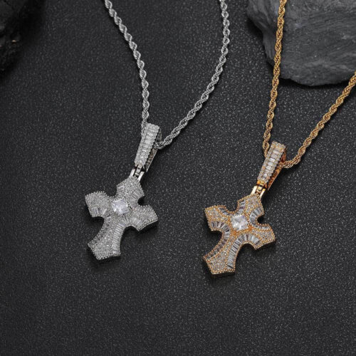 Intricate Micro-Pave Baguette Cross Pendant Wholesale