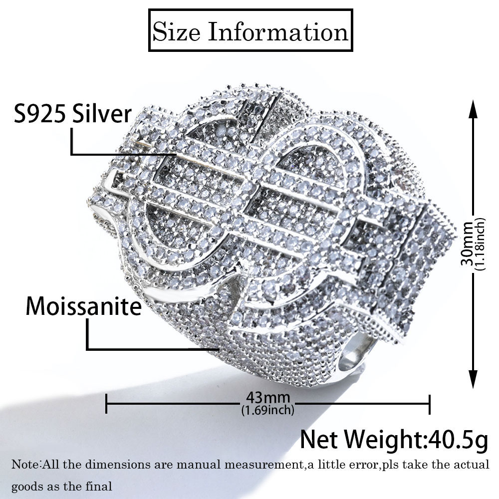 large iced out 3d moissanite dollar sign ring