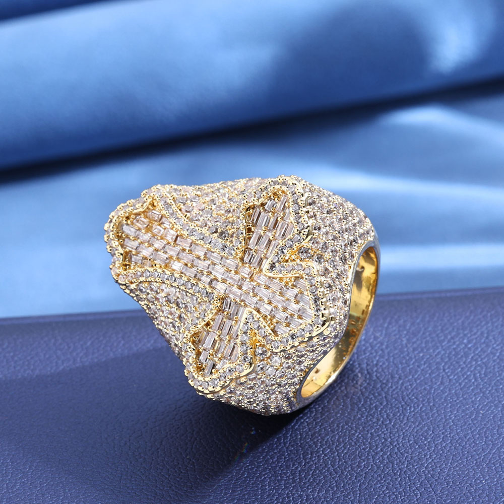 large iced out moissanite cross statement ring