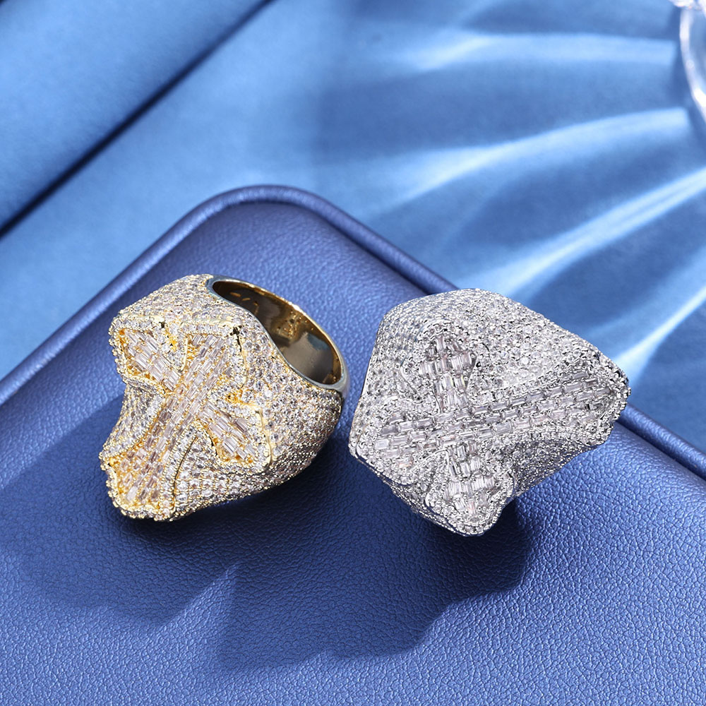 large iced out moissanite cross statement ring