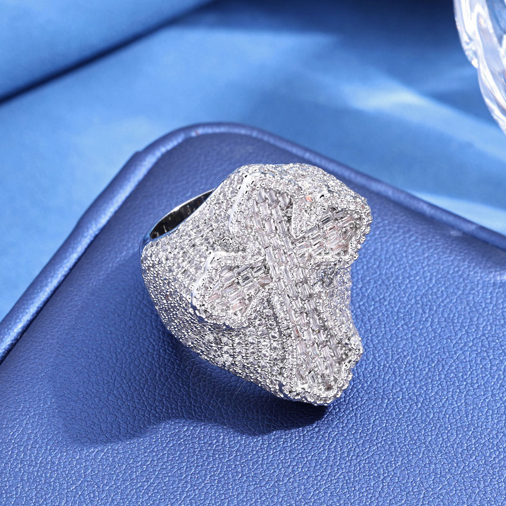 large iced out moissanite cross statement ring
