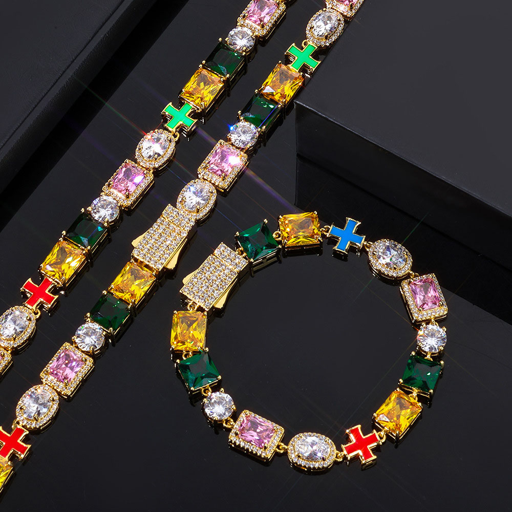 luxury rainbow multi gemstone cross chain & bracelet