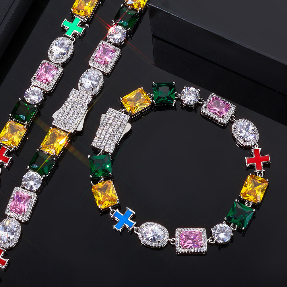 luxury rainbow multi gemstone cross chain & bracelet