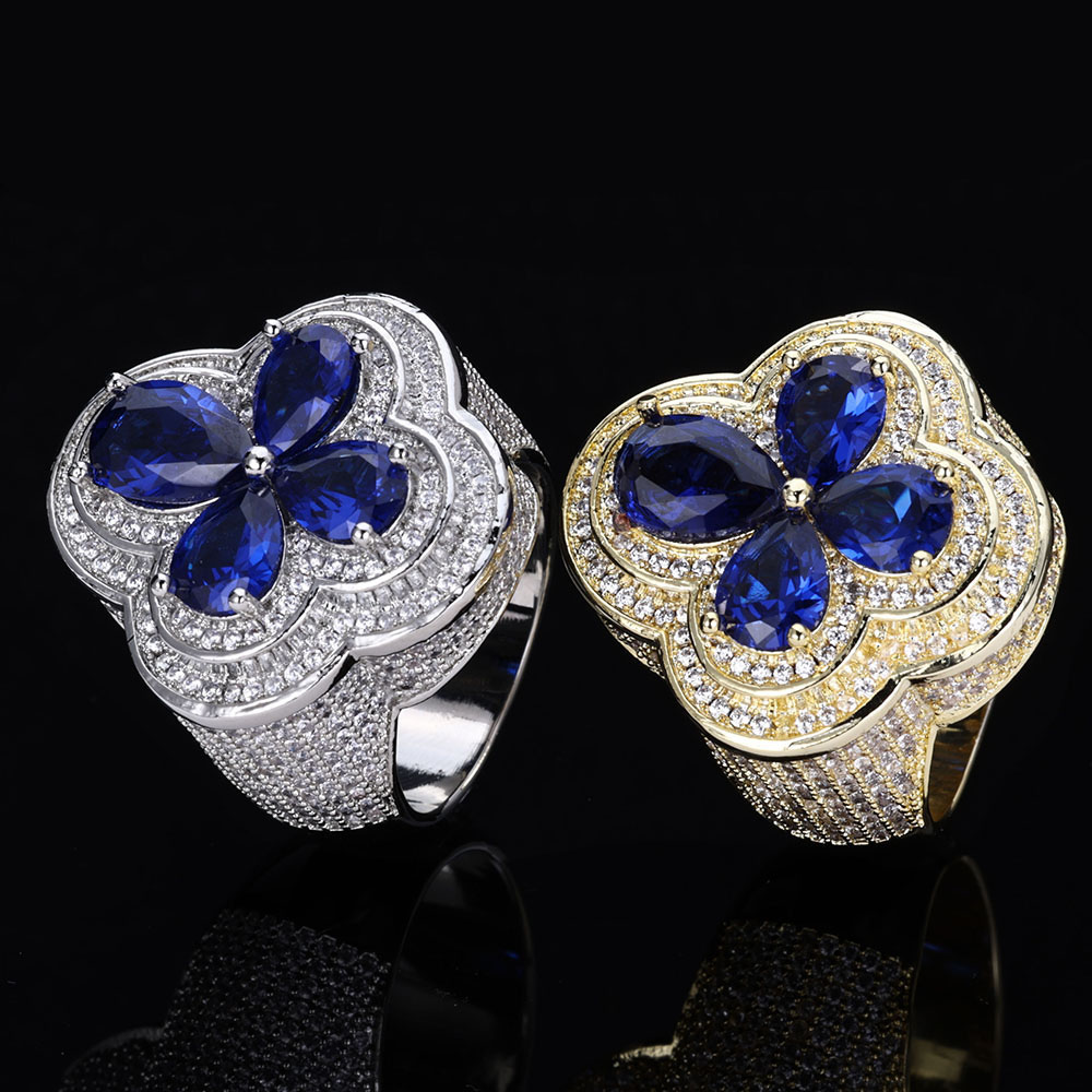 moissanite blue flower cluster statement ring