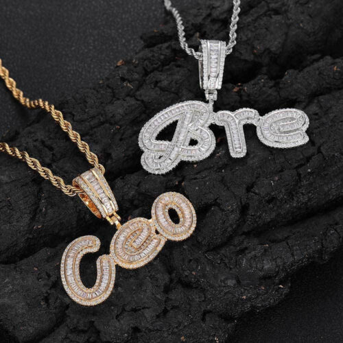 personalized baguette cut script letter pendant