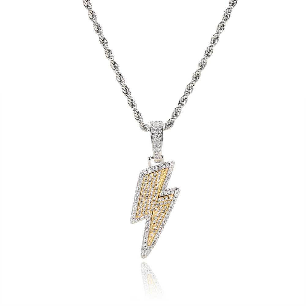 two tone iced out lightning bolt pendant necklace