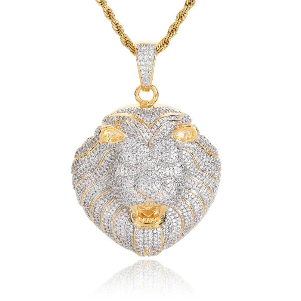 two tone iced out lion head pendant necklace