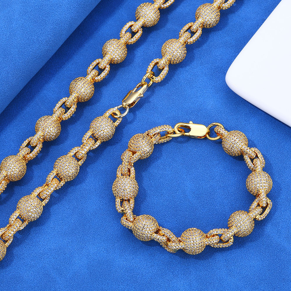 10.5mm fully iced out bead ball link chain & bracelet