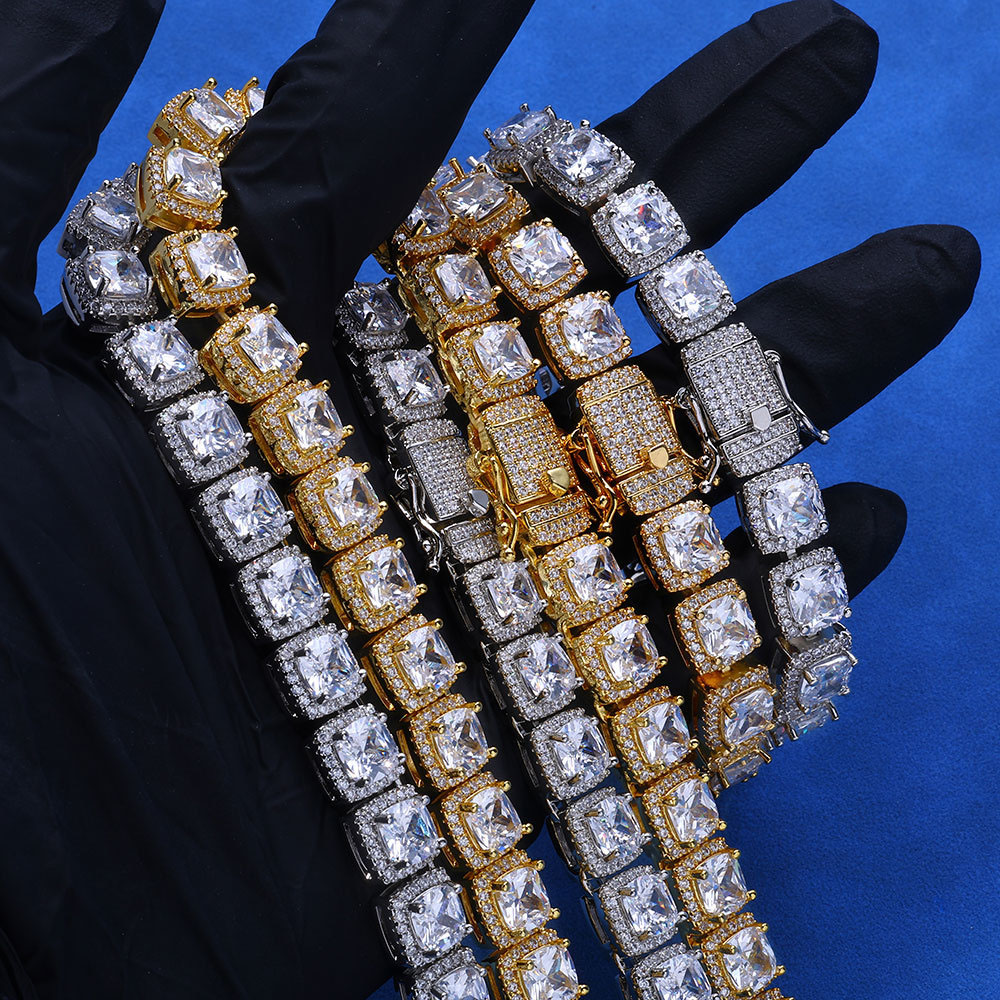 10mm Moissanite Sterling Silver Square Halo Tennis Chain Necklace & Bracelet Wholeslae 10mm Moissanite Sterling Silver Square Halo Tennis Chain Necklace & Bracelet Wholeslae