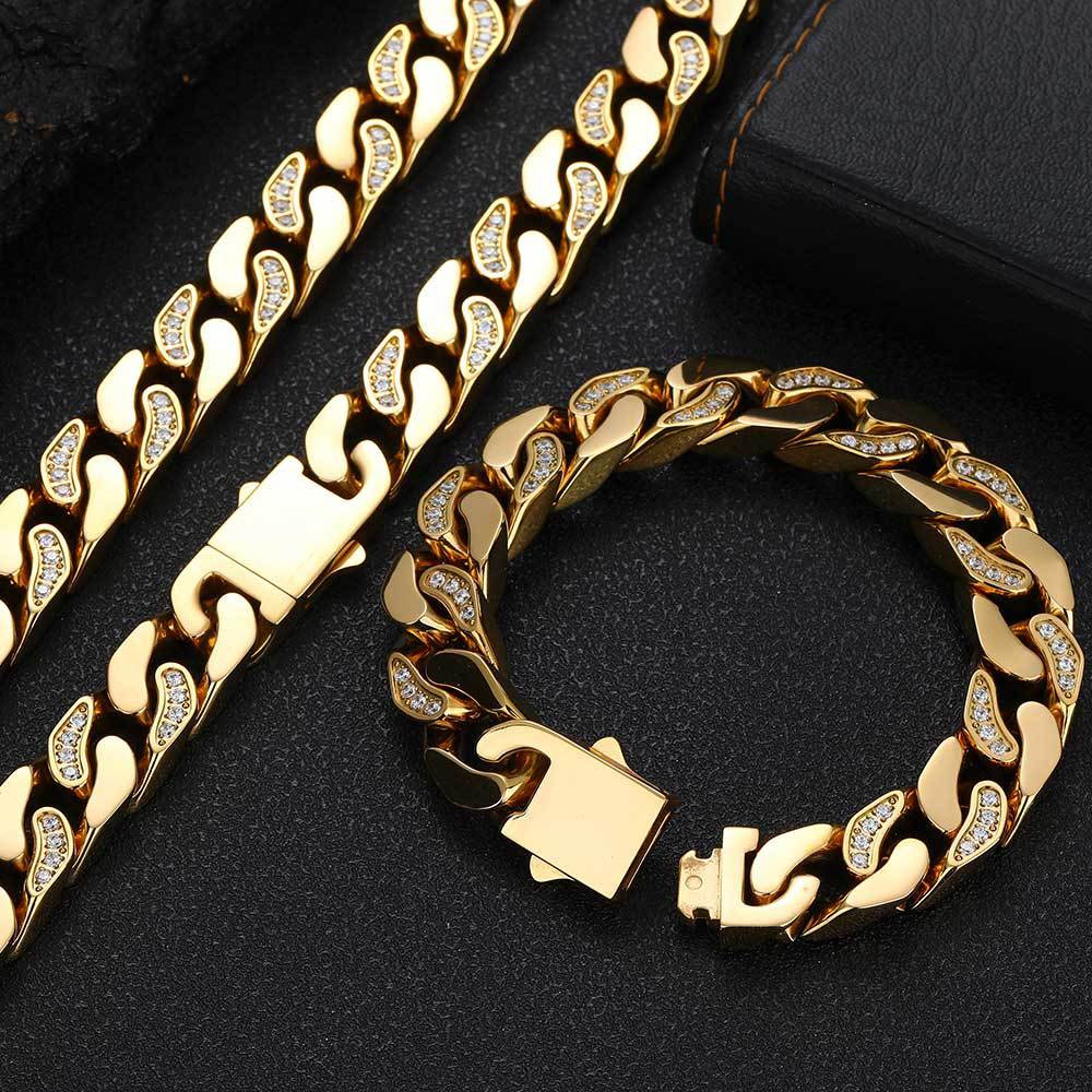 12mm Half Iced Out Stainless Steel CZ Cuban Chain Gold Plating 12mm half iced out stainless steel cz cuban chain