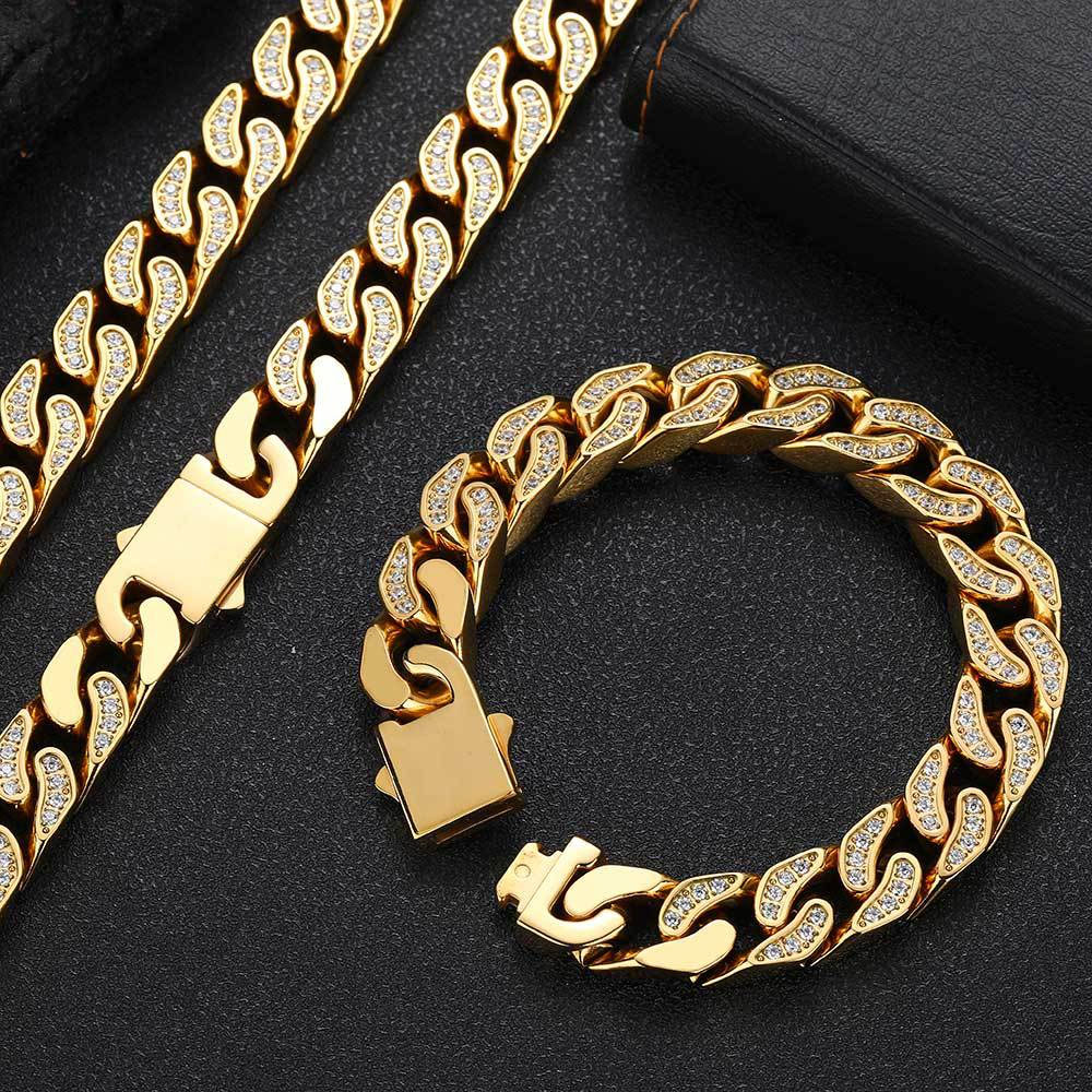 12mm Iced Out Stainless Steel CZ Cuban Chain Wholesale Gold Plating 12mm half iced out stainless steel cz cuban chain