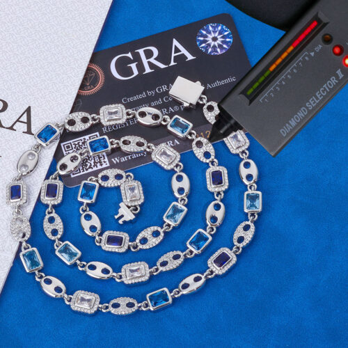 baguette blue gemstone and moissanite mariner chain
