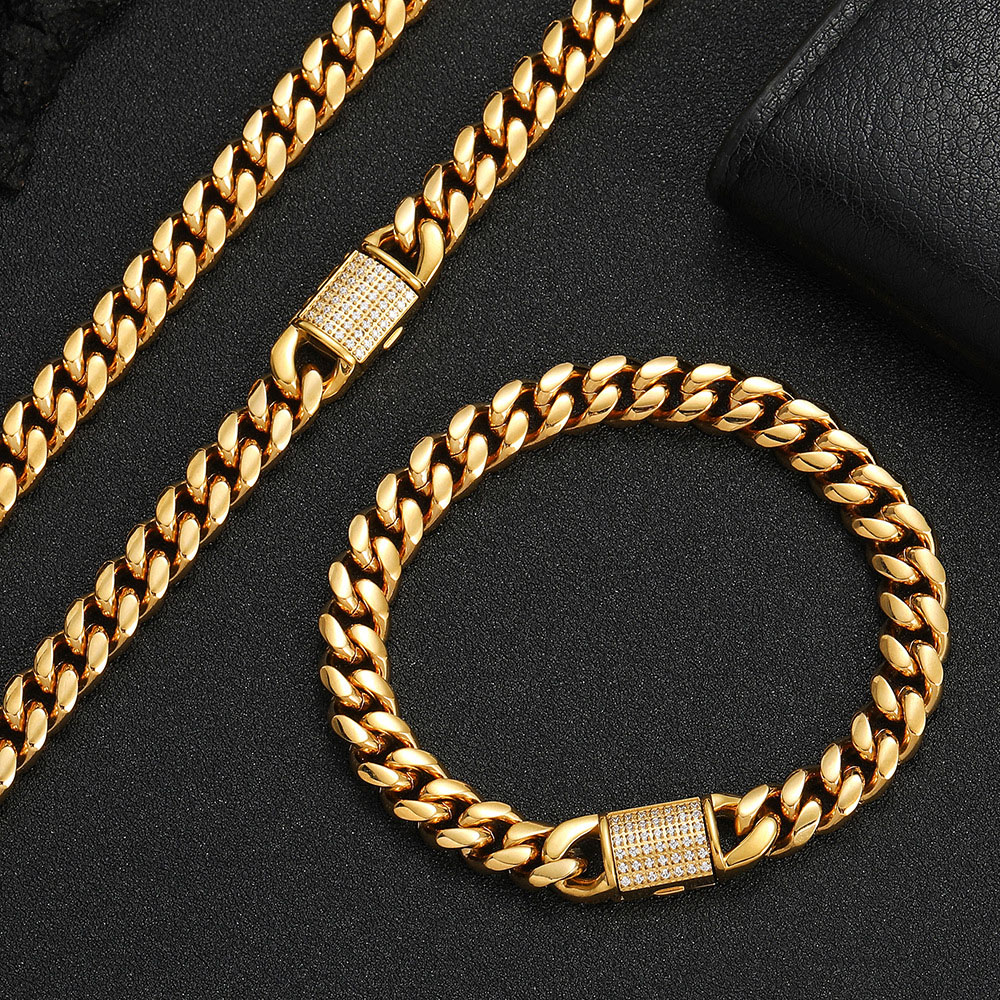 classic stainless steel cz cuban link chain & bracelet