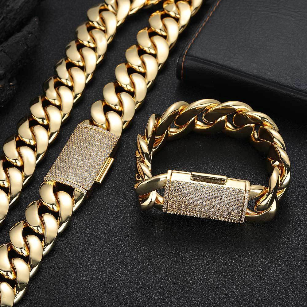 copper cuban link chain & bracelet with iced clasp