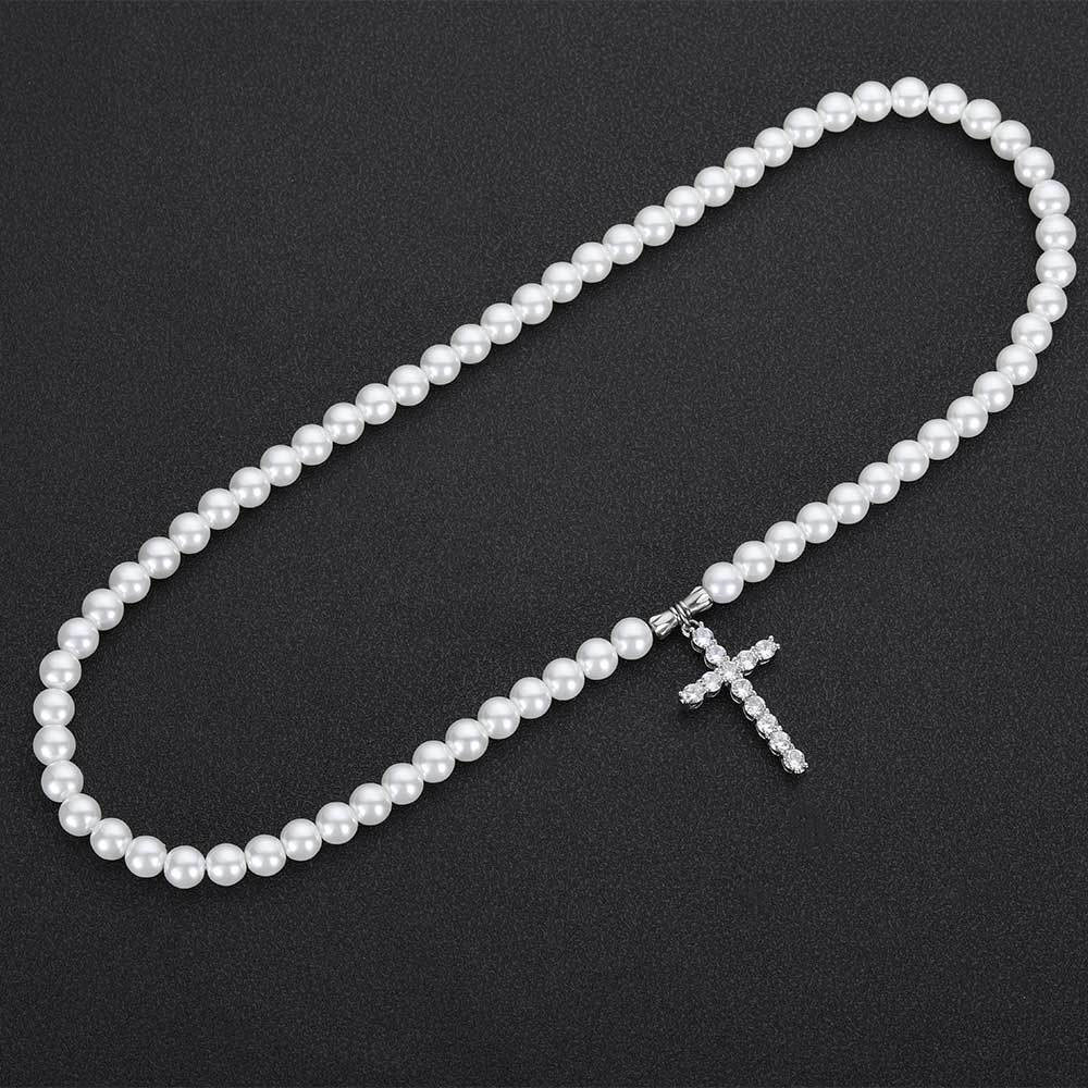 faux pearl necklace with iced out cz cross pendant