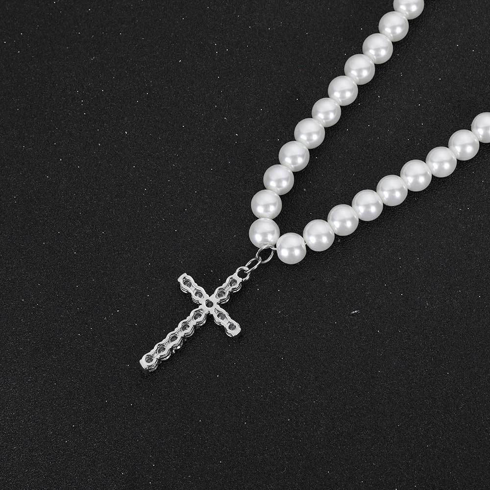 faux pearl necklace with iced out cz cross pendant