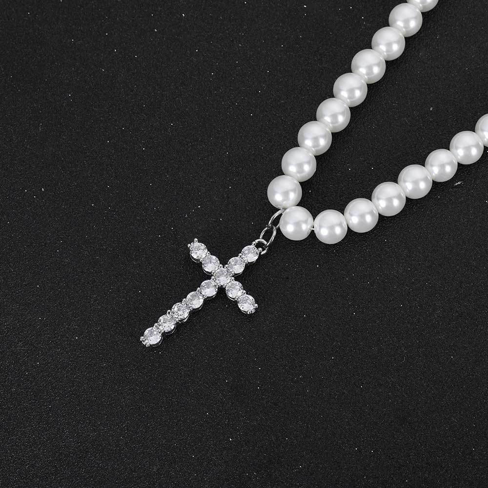 faux pearl necklace with iced out cz cross pendant