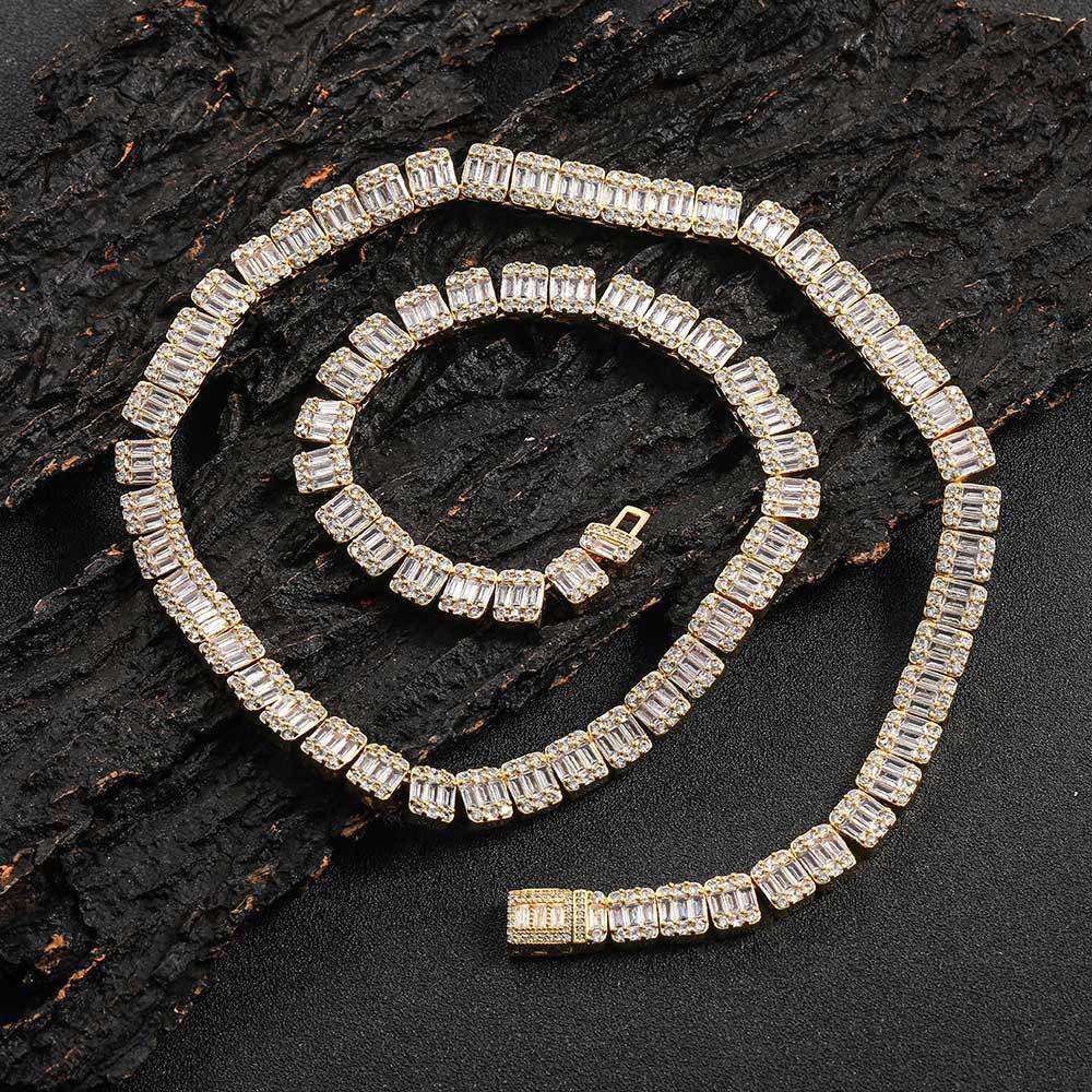iced out baguette & emerald cut halo tennis chain