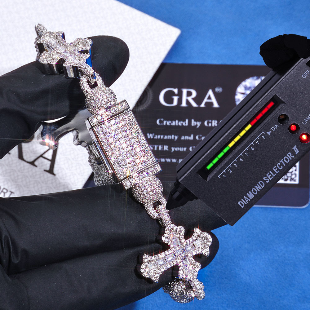 iced out cross & bead ball moissanite link chain