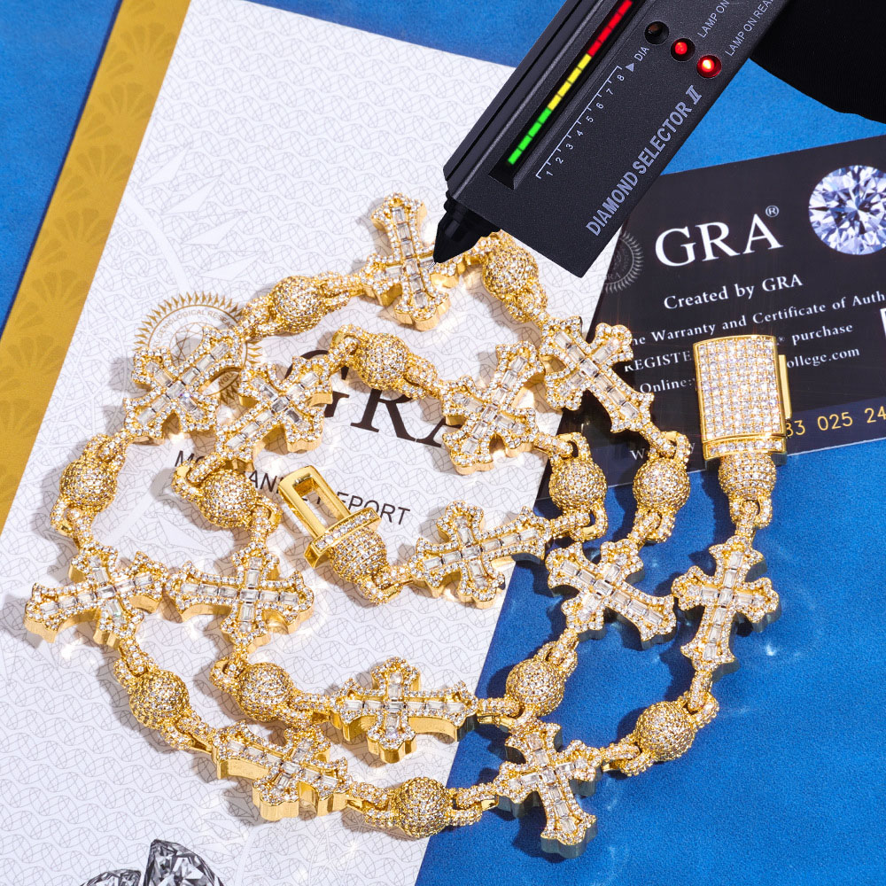 iced out cross & bead ball moissanite link chain