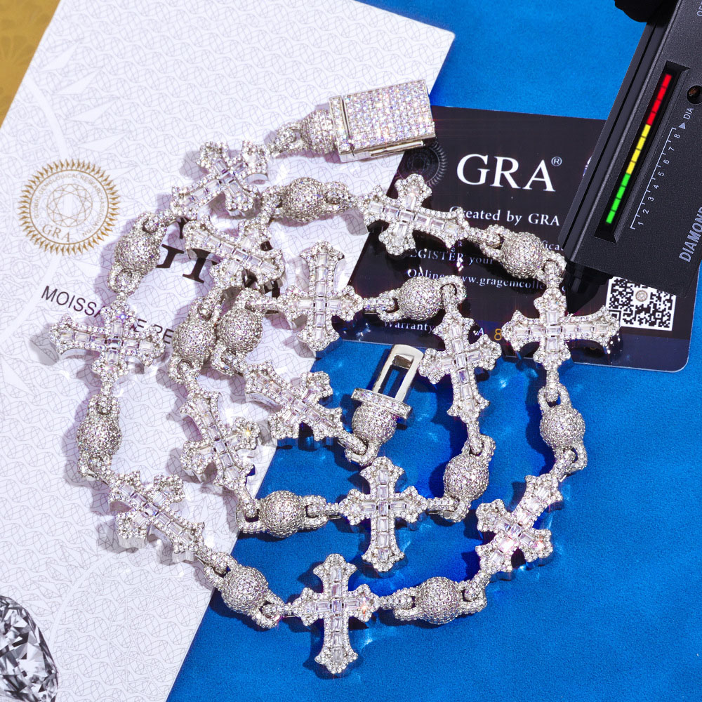iced out cross & bead ball moissanite link chain