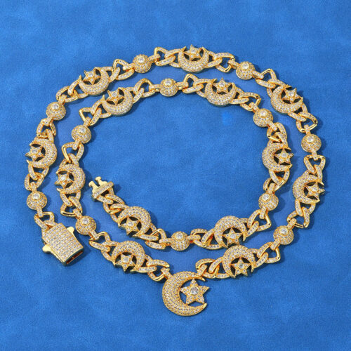 iced out cz celestial moon & star link chain