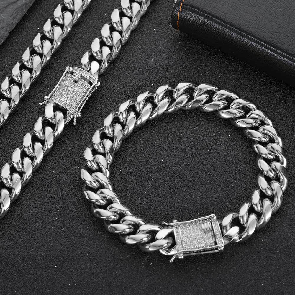 iced out cz stainless steel cuban chain & bracelet