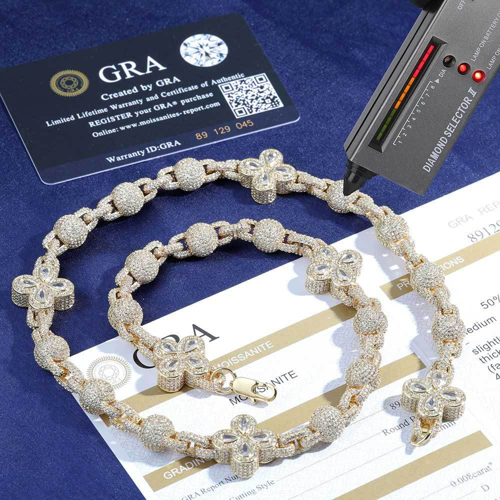 moissanite iced out clover & disco ball link chain