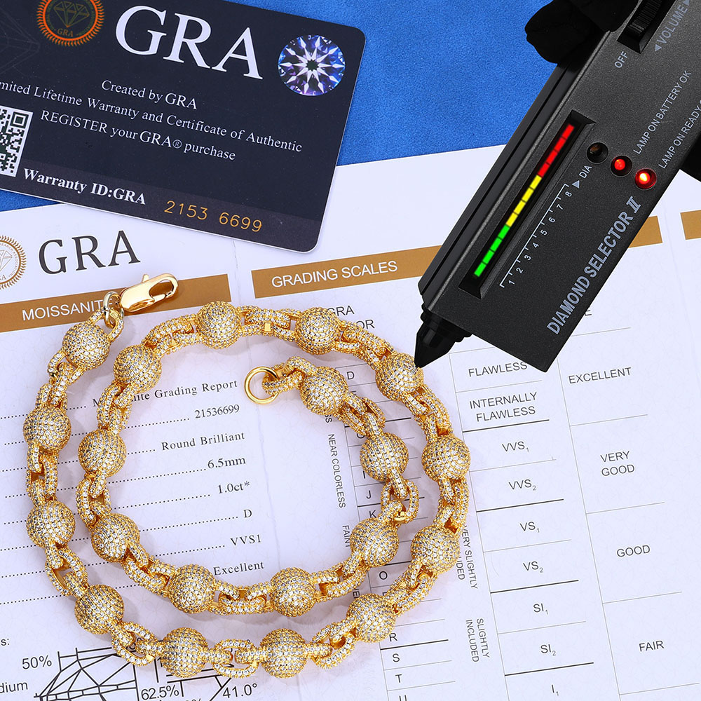 moissanite sterling silver iced out ball link chain