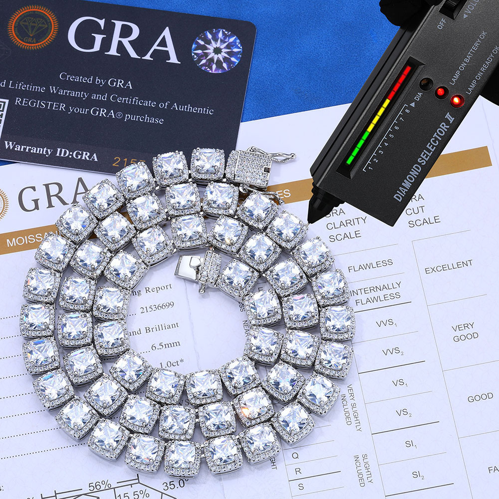 moissanite sterling silver square halo tennis chain