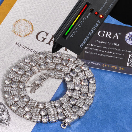 round and baguette moissanite tennis link chain